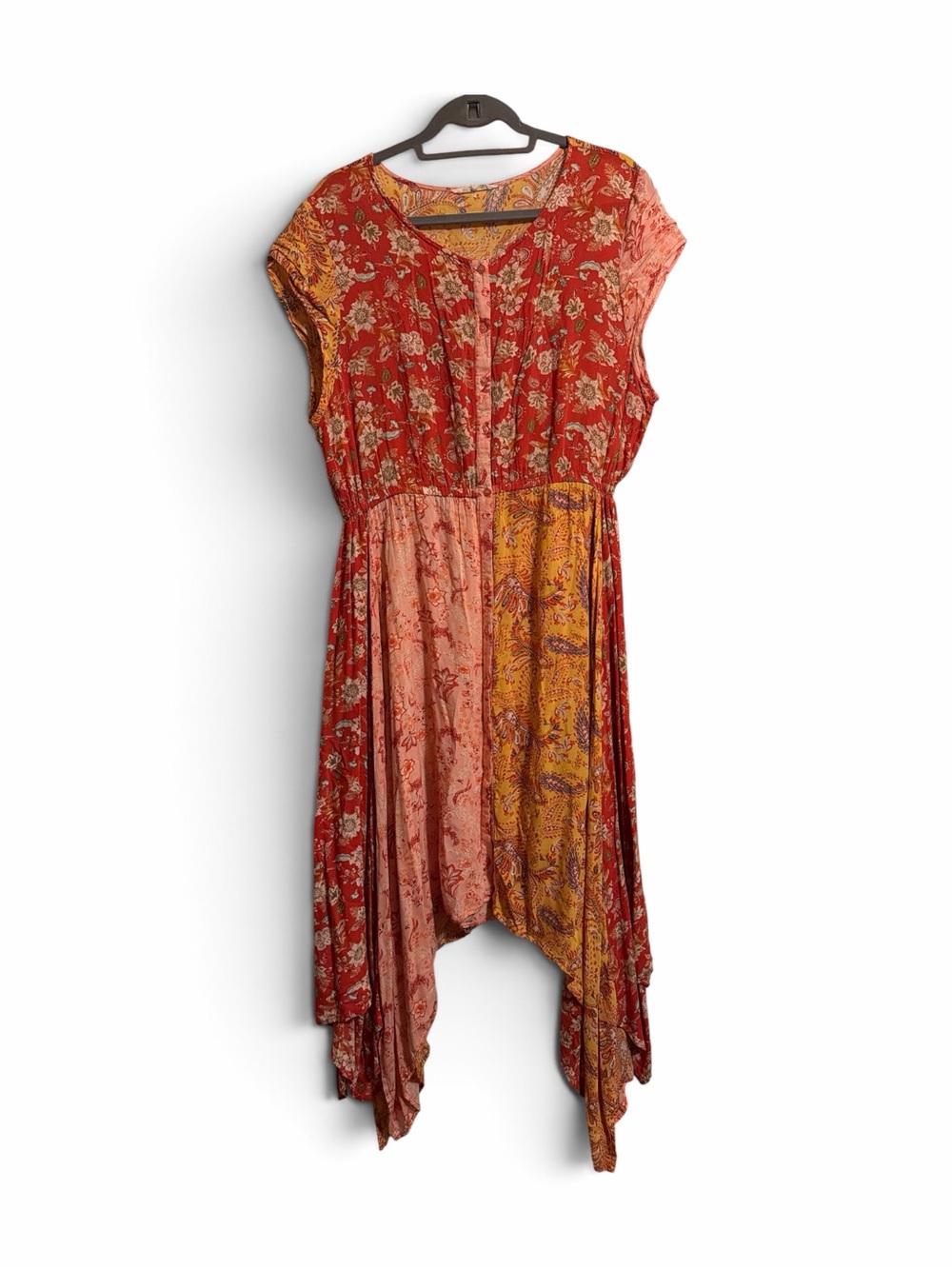 Rocks & Indigo Boho Rayon Patchwork Handkerchief Hem Midi Dress XL